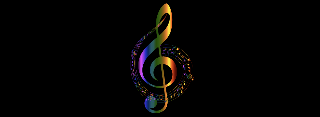 colorful treble clef with notes spiraling out from the center